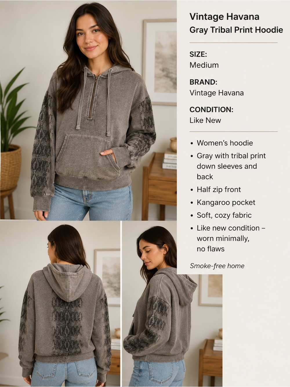 Vintage Havana Gray Tribal Half-Zip Hoodie